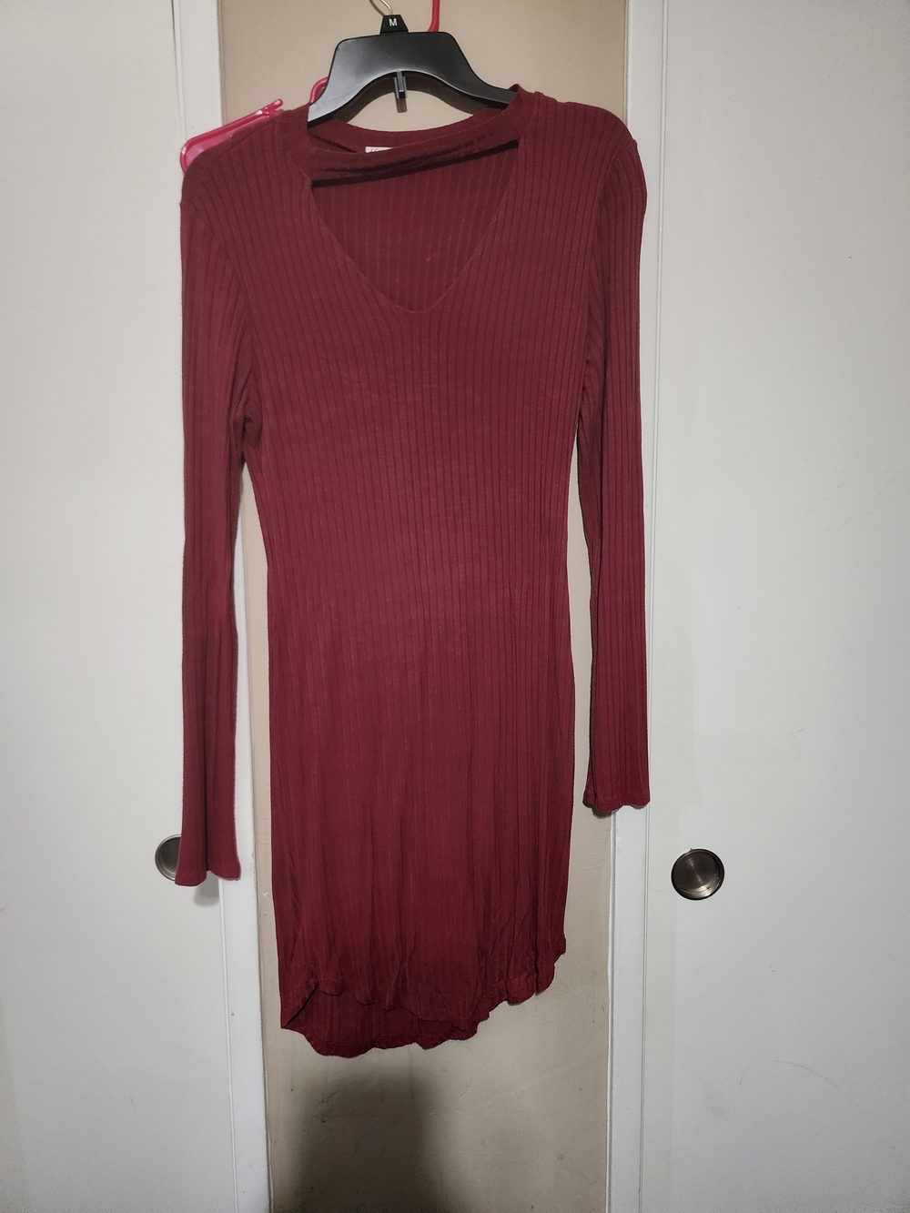 Others Follow Ribbed V-Neck Long Sleeve Dress - Maroon